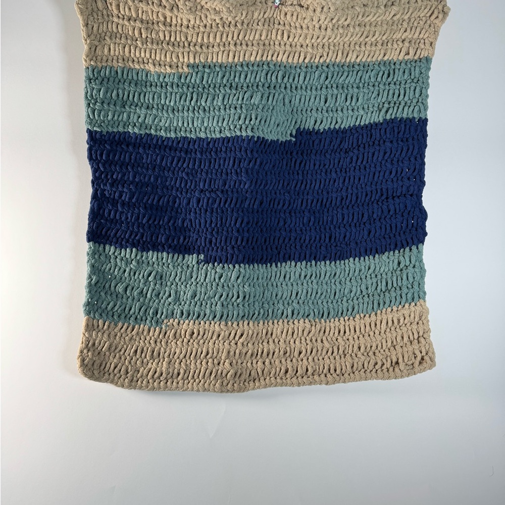 Handmade Crochet Blanket Throw in Blue and Beige, 29" x 27"